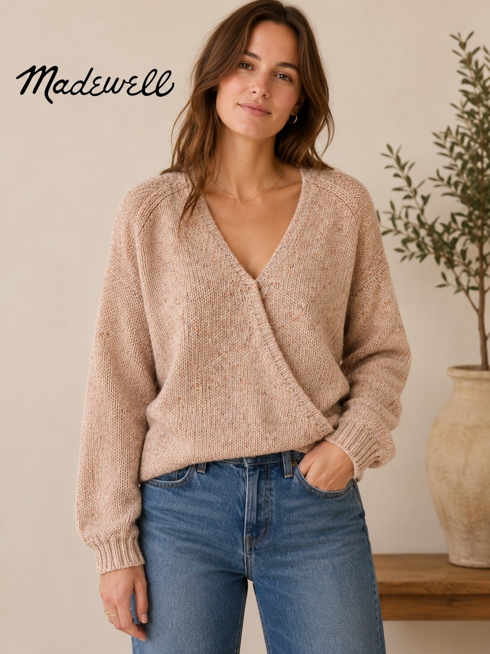 Madewell Speckled Blush Beige Wrap Front Knit Wool Sweater Pullover Size XS